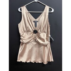 Bisou Bisou Beige Satin Sleeveless, Fitted Babydoll Cockail Blouse - 12 NWT